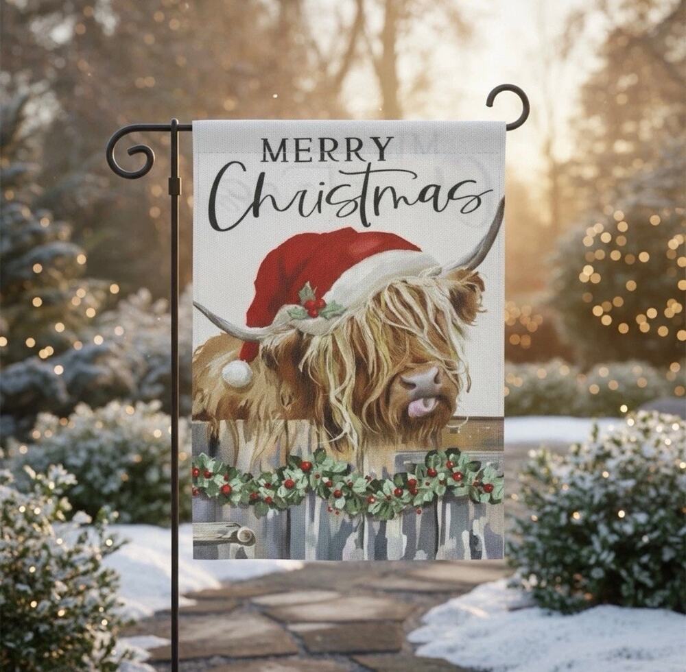 Merry Christmas Highland Cow Burlap Garden Flag, Double Sided,12 X 18